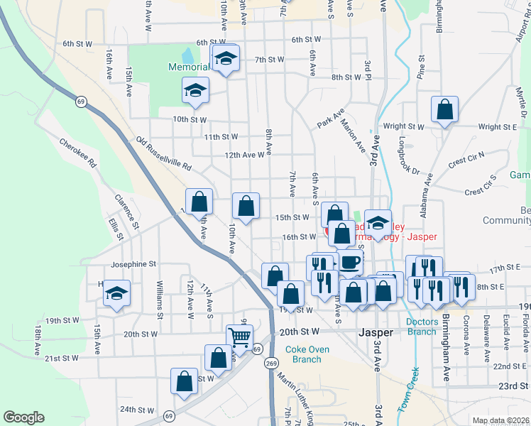 map of restaurants, bars, coffee shops, grocery stores, and more near 709 15th Street West in Jasper