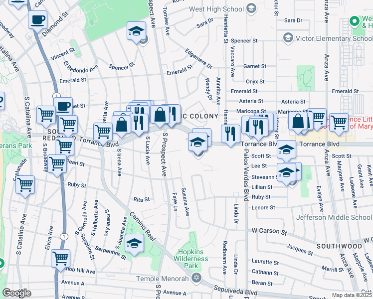 map of restaurants, bars, coffee shops, grocery stores, and more near 1200 Opal Street in Redondo Beach