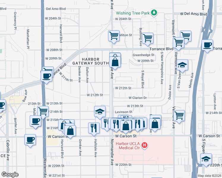 map of restaurants, bars, coffee shops, grocery stores, and more near 21125 Normandie Avenue in Torrance