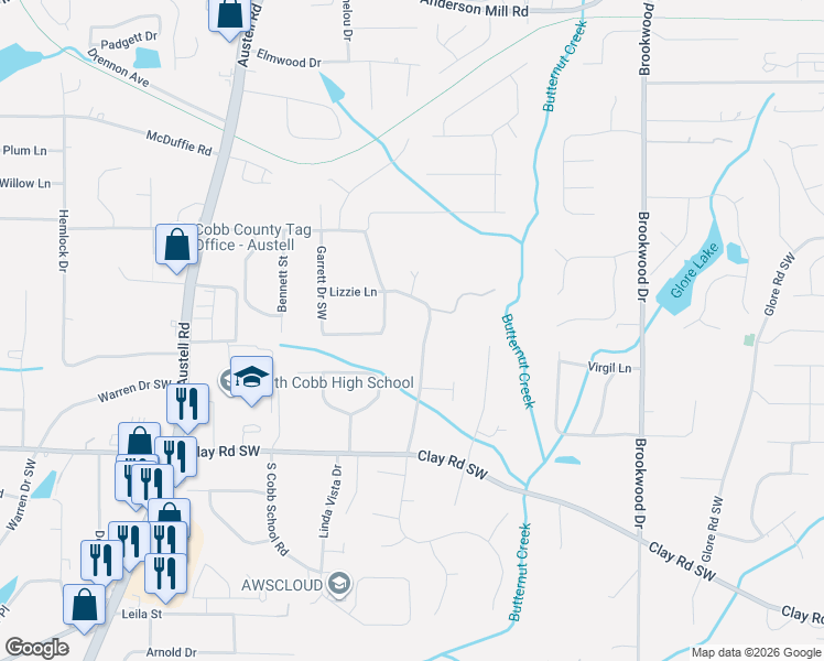 map of restaurants, bars, coffee shops, grocery stores, and more near 1693 Virginia Circle in Mableton