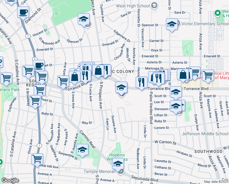 map of restaurants, bars, coffee shops, grocery stores, and more near 1200 Opal Street in Redondo Beach