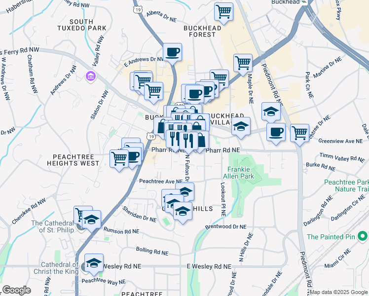 map of restaurants, bars, coffee shops, grocery stores, and more near 293 Pharr Road Northeast in Atlanta