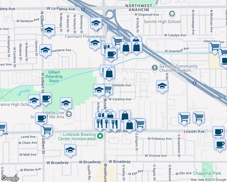 map of restaurants, bars, coffee shops, grocery stores, and more near 2163 West Brownwood Avenue in Anaheim