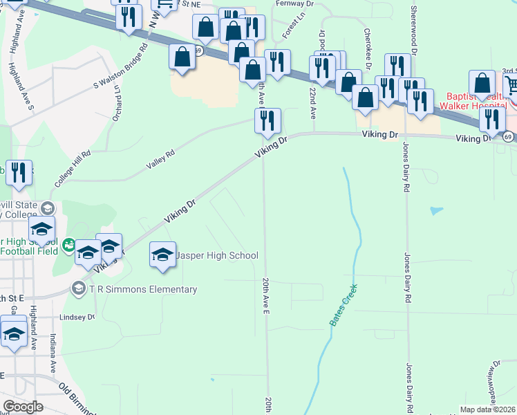 map of restaurants, bars, coffee shops, grocery stores, and more near 1406 20th Avenue East in Jasper