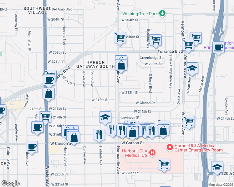 map of restaurants, bars, coffee shops, grocery stores, and more near in West Carson
