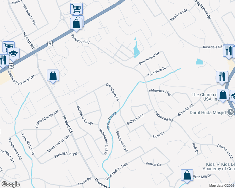 map of restaurants, bars, coffee shops, grocery stores, and more near 3377 Chinaberry Lane in Snellville
