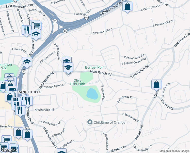 map of restaurants, bars, coffee shops, grocery stores, and more near 505 South Villa Real Drive in Anaheim