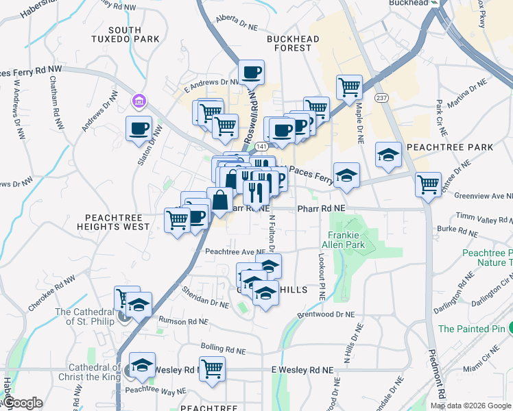 map of restaurants, bars, coffee shops, grocery stores, and more near 236 Pharr Road Northeast in Atlanta