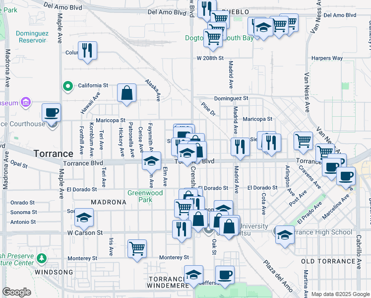 map of restaurants, bars, coffee shops, grocery stores, and more near 2505 Torrance Boulevard in Torrance