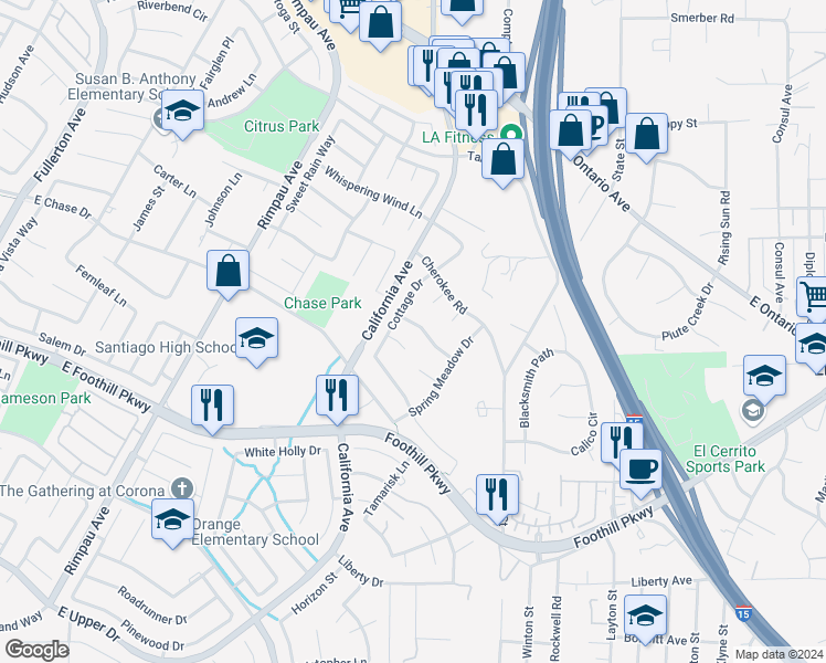 map of restaurants, bars, coffee shops, grocery stores, and more near 1534 Colony Way in Corona