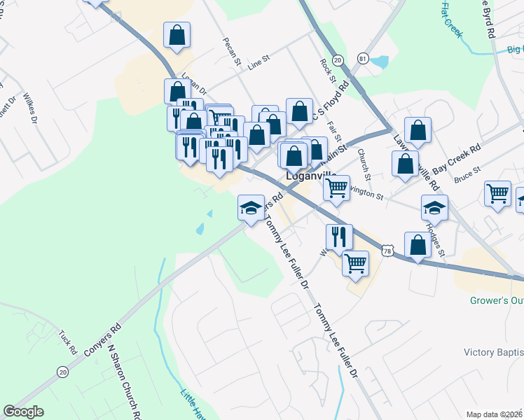 map of restaurants, bars, coffee shops, grocery stores, and more near 398 Conyers Road in Loganville