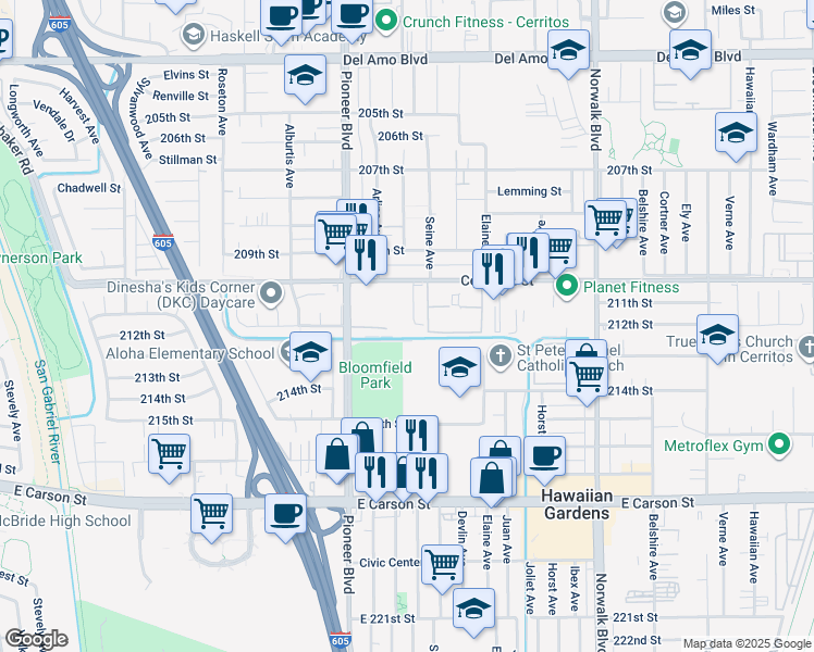 map of restaurants, bars, coffee shops, grocery stores, and more near 21125 Violeta Avenue in Lakewood