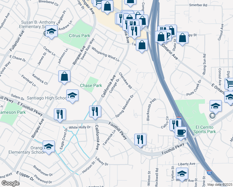 map of restaurants, bars, coffee shops, grocery stores, and more near 1534 Colony Way in Corona
