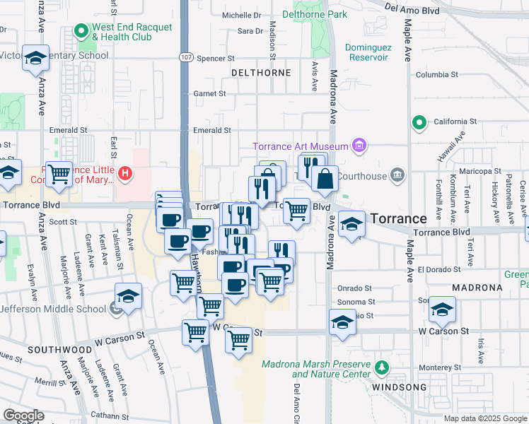 map of restaurants, bars, coffee shops, grocery stores, and more near in Torrance