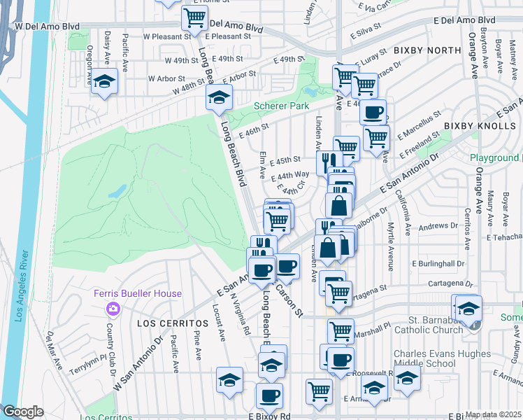 map of restaurants, bars, coffee shops, grocery stores, and more near 308 East 44th Street in Long Beach