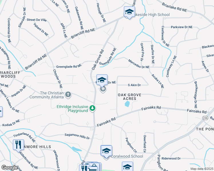 map of restaurants, bars, coffee shops, grocery stores, and more near 2489 Kirkland Drive Northeast in Atlanta