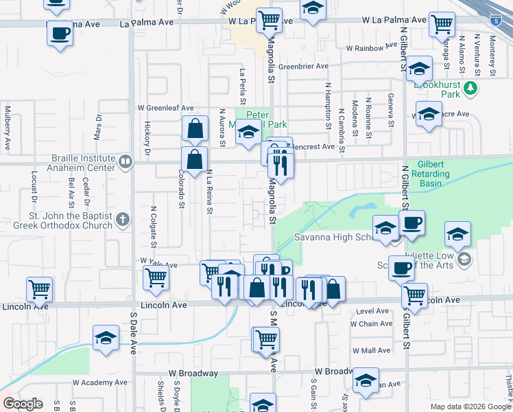 map of restaurants, bars, coffee shops, grocery stores, and more near 405 North Magnolia Avenue in Anaheim