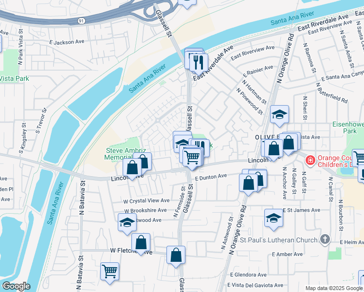 map of restaurants, bars, coffee shops, grocery stores, and more near 308 West Linden Drive in Orange