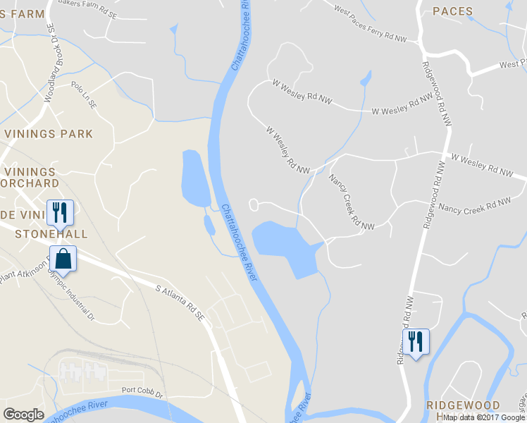 map of restaurants, bars, coffee shops, grocery stores, and more near 3000 Rivermeade Drive Northwest in Atlanta