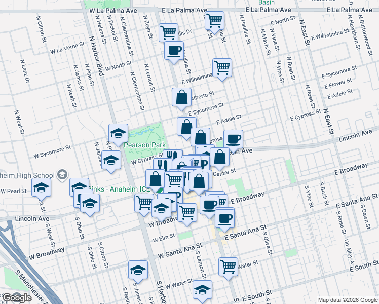 map of restaurants, bars, coffee shops, grocery stores, and more near 255 North Anaheim Boulevard in Anaheim