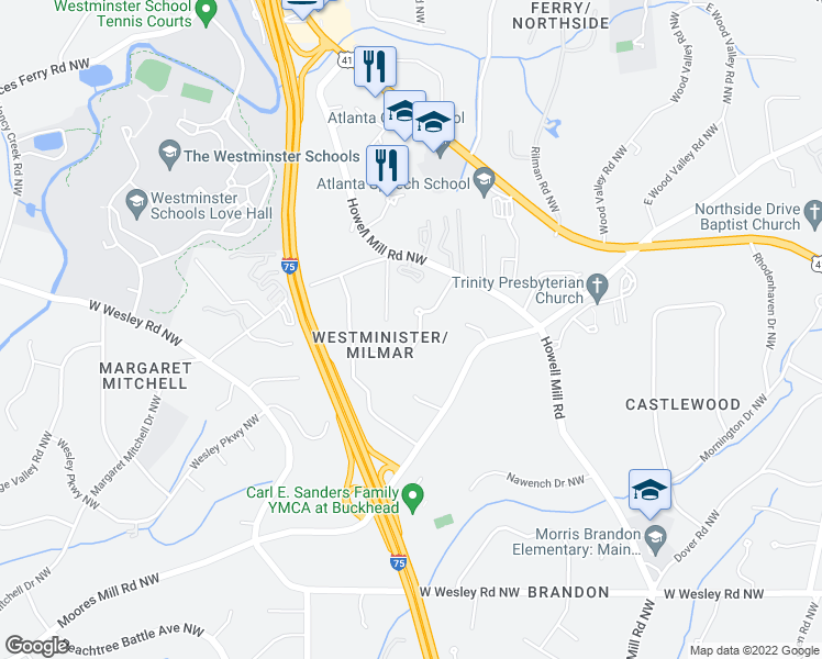 map of restaurants, bars, coffee shops, grocery stores, and more near 2992 Westminster Circle Northwest in Atlanta