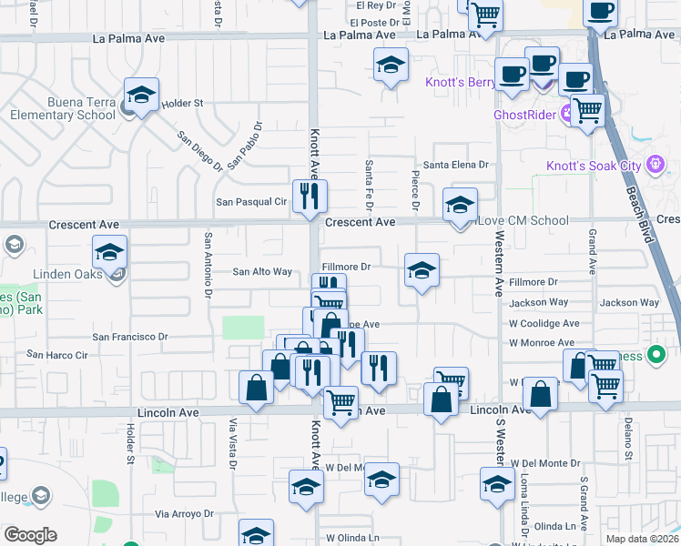 map of restaurants, bars, coffee shops, grocery stores, and more near 7055 Hoover Way in Buena Park