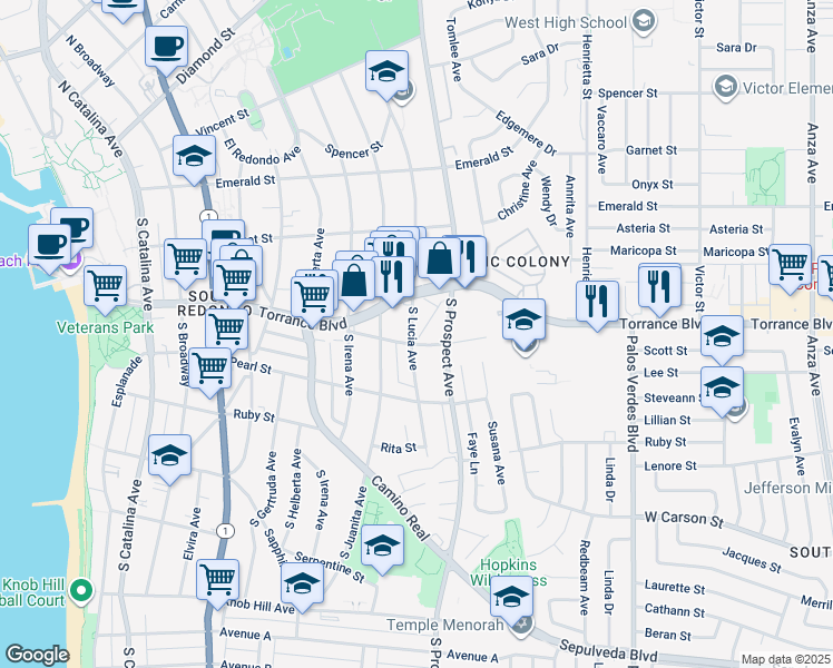map of restaurants, bars, coffee shops, grocery stores, and more near 318 South Lucia Avenue in Redondo Beach
