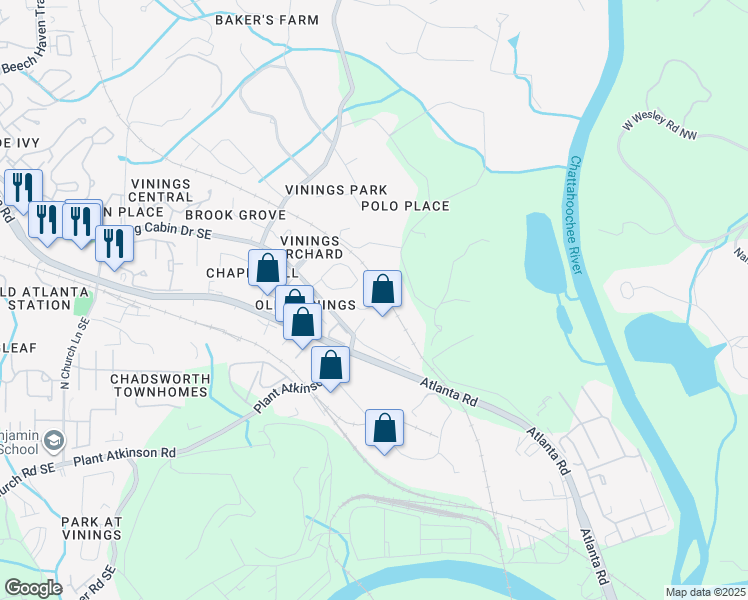 map of restaurants, bars, coffee shops, grocery stores, and more near 4754 Hedera Court Southeast in Smyrna
