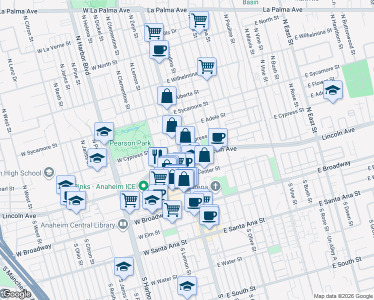 map of restaurants, bars, coffee shops, grocery stores, and more near 215 North Claudina Street in Anaheim