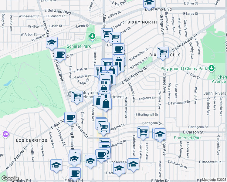 map of restaurants, bars, coffee shops, grocery stores, and more near 725 East Claiborne Drive in Long Beach