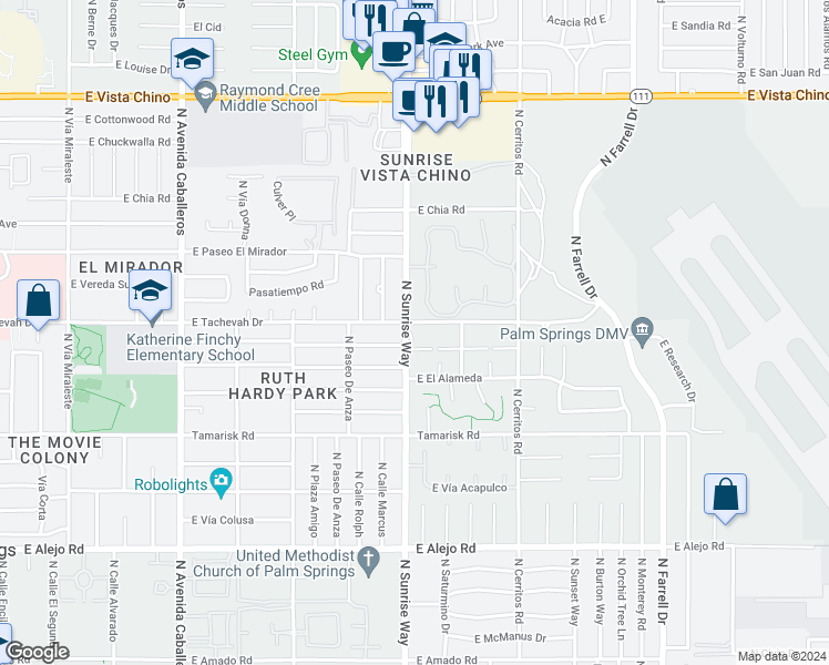 map of restaurants, bars, coffee shops, grocery stores, and more near 1703 East Tachevah Drive in Palm Springs