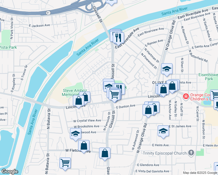map of restaurants, bars, coffee shops, grocery stores, and more near 2890 North Glassell Street in Orange