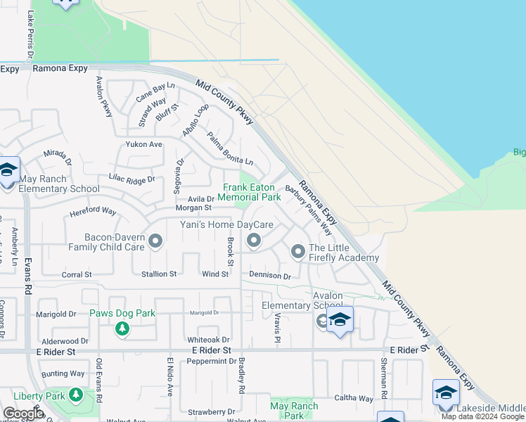 map of restaurants, bars, coffee shops, grocery stores, and more near 3859 Bella Isola Lane in Perris