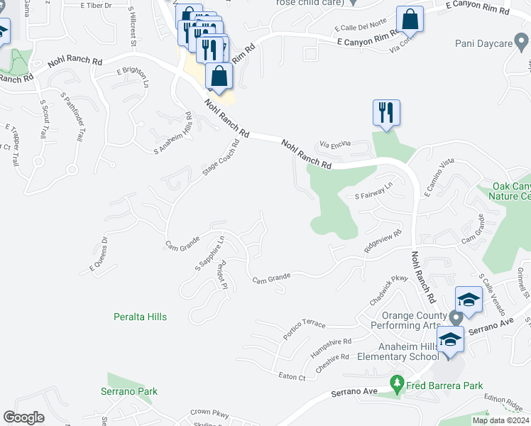 map of restaurants, bars, coffee shops, grocery stores, and more near 6219 East Quartz Lane in Anaheim