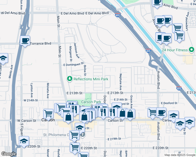 map of restaurants, bars, coffee shops, grocery stores, and more near 21111 Dolores Street in Carson