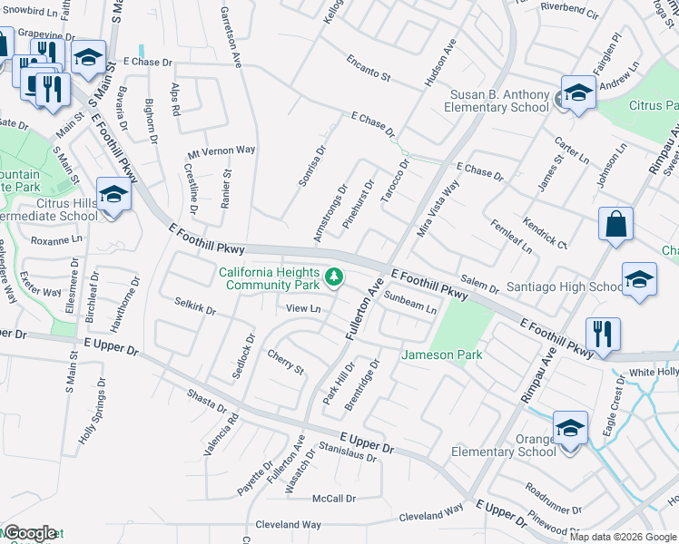 map of restaurants, bars, coffee shops, grocery stores, and more near 835 Viewpointe Lane in Corona