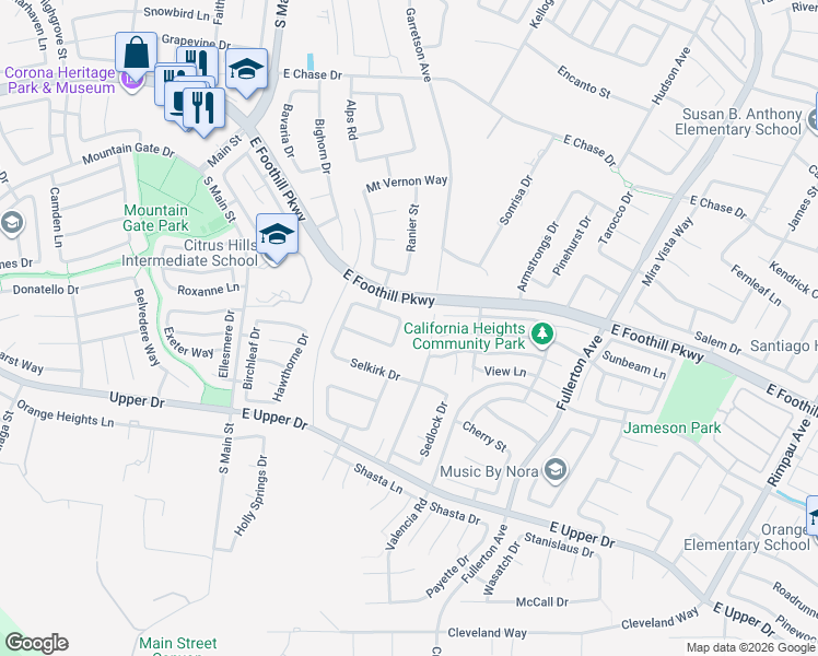map of restaurants, bars, coffee shops, grocery stores, and more near 3347 Chiltern Way in Corona