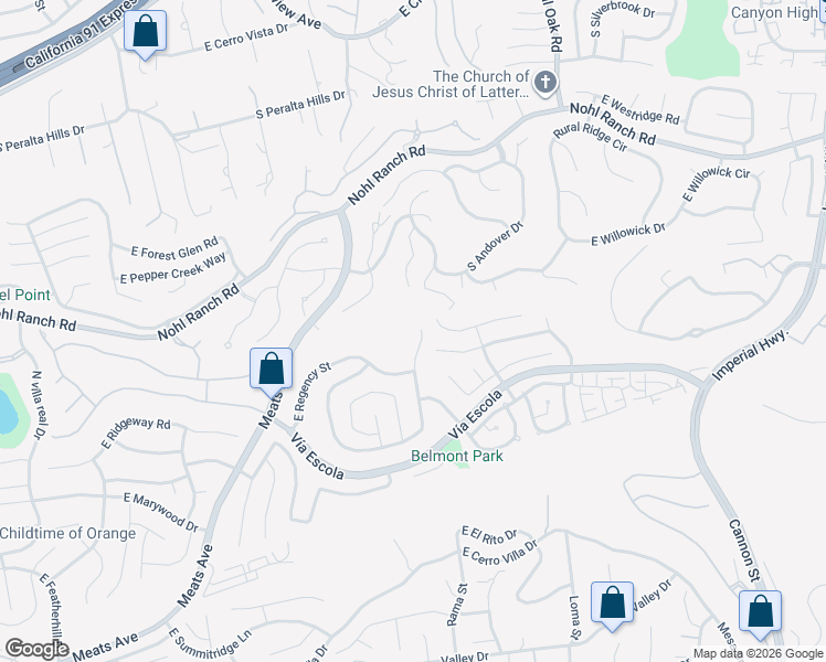 map of restaurants, bars, coffee shops, grocery stores, and more near 2838 North Roxbury Street in Orange