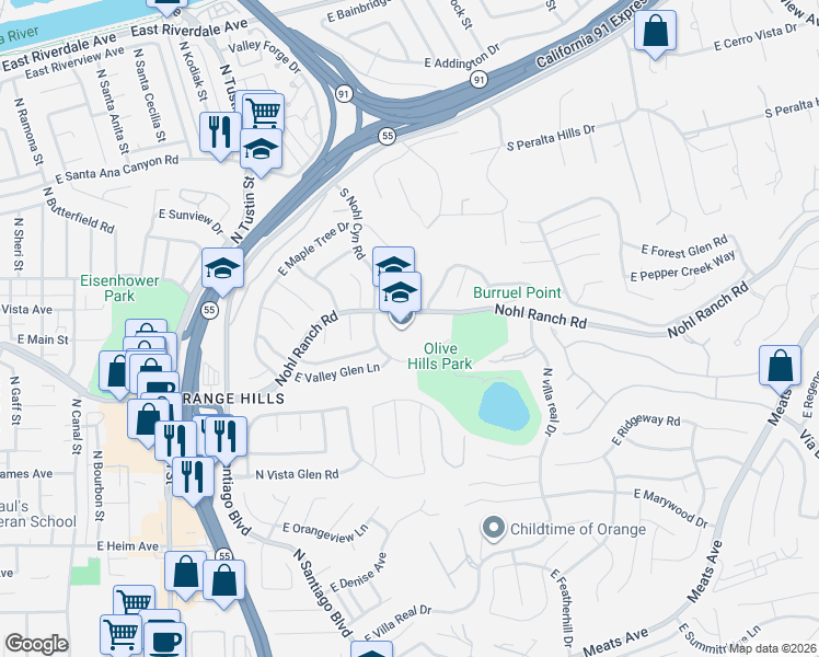 map of restaurants, bars, coffee shops, grocery stores, and more near 4100 E Nohl Ranch Rd in Anaheim