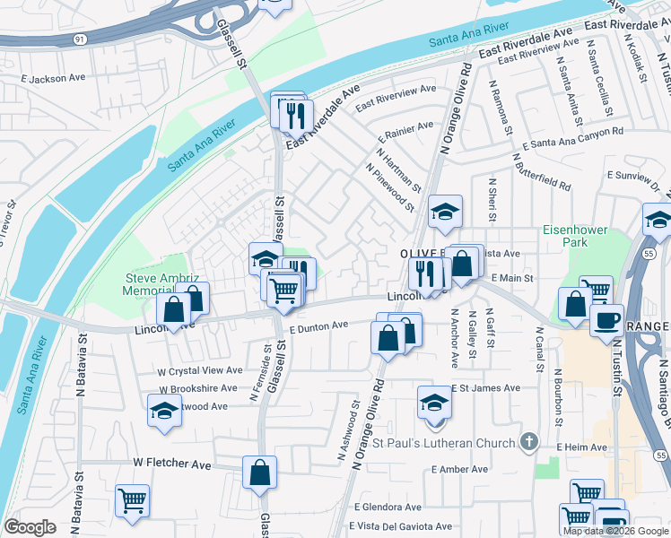 map of restaurants, bars, coffee shops, grocery stores, and more near 2870 North Cottonwood Street in Orange