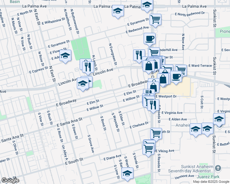 map of restaurants, bars, coffee shops, grocery stores, and more near 1627 East Elm Street in Anaheim