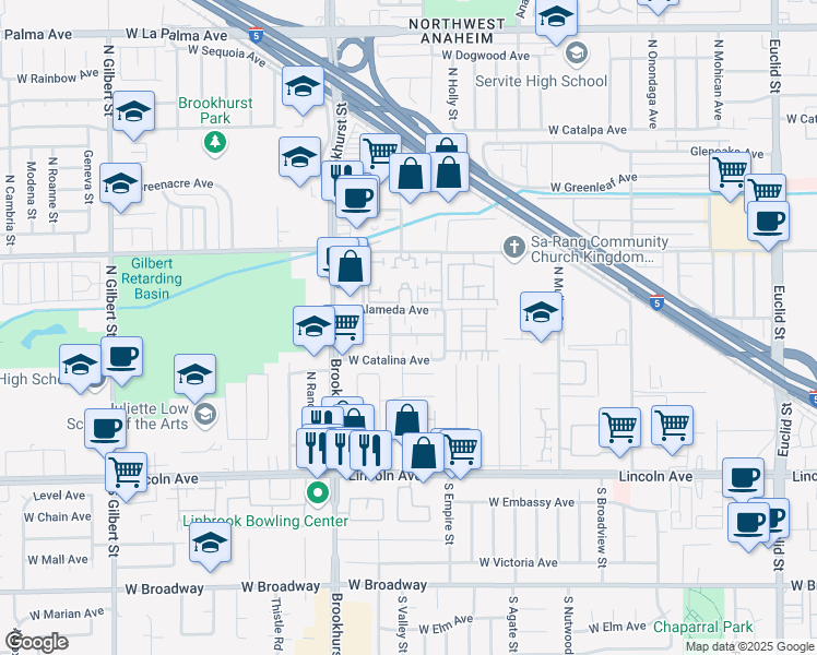 map of restaurants, bars, coffee shops, grocery stores, and more near 2112 West Brownwood Avenue in Anaheim