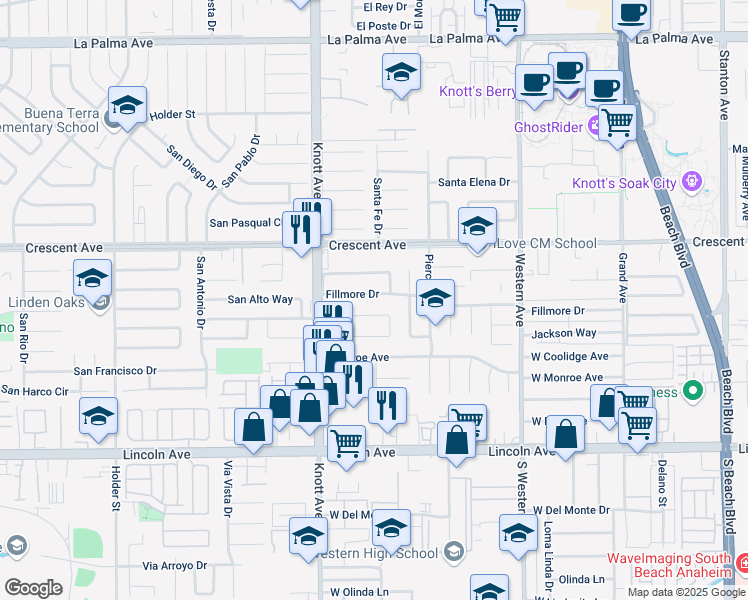 map of restaurants, bars, coffee shops, grocery stores, and more near 7089 Hoover Way in Buena Park