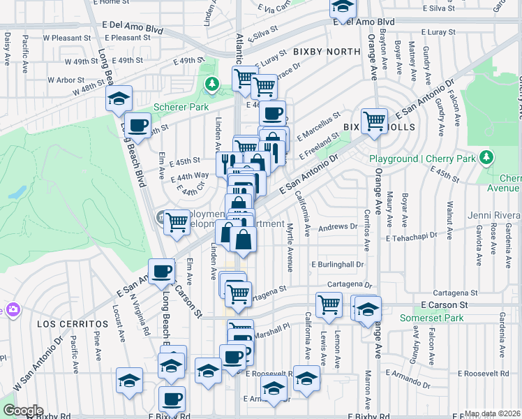 map of restaurants, bars, coffee shops, grocery stores, and more near 725 East Claiborne Drive in Long Beach