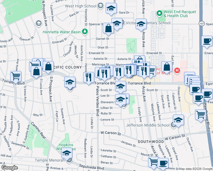 map of restaurants, bars, coffee shops, grocery stores, and more near 5207 Scott Street in Torrance
