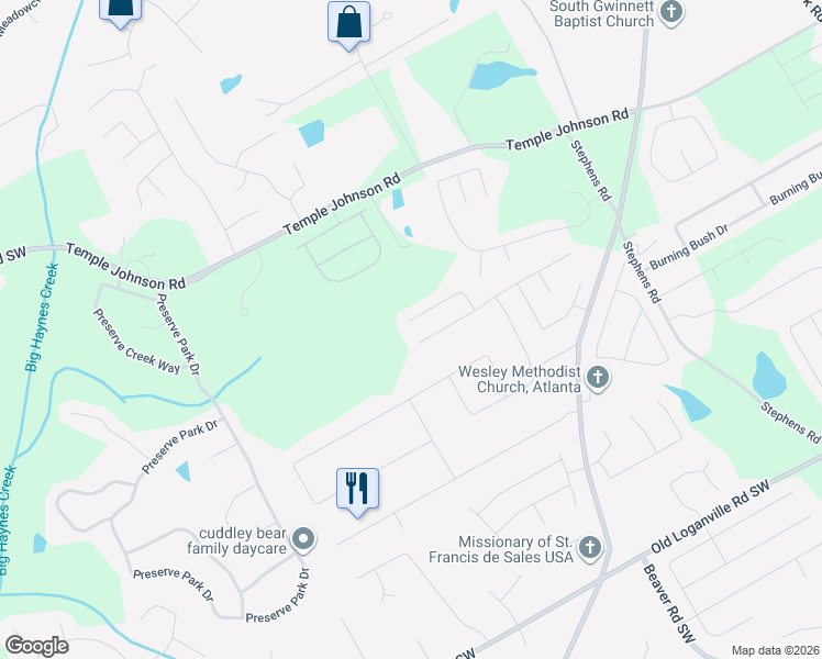 map of restaurants, bars, coffee shops, grocery stores, and more near 1907 Summit Creek Way in Loganville
