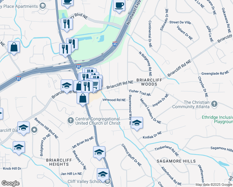 map of restaurants, bars, coffee shops, grocery stores, and more near 1846 Terrewood Drive in Atlanta