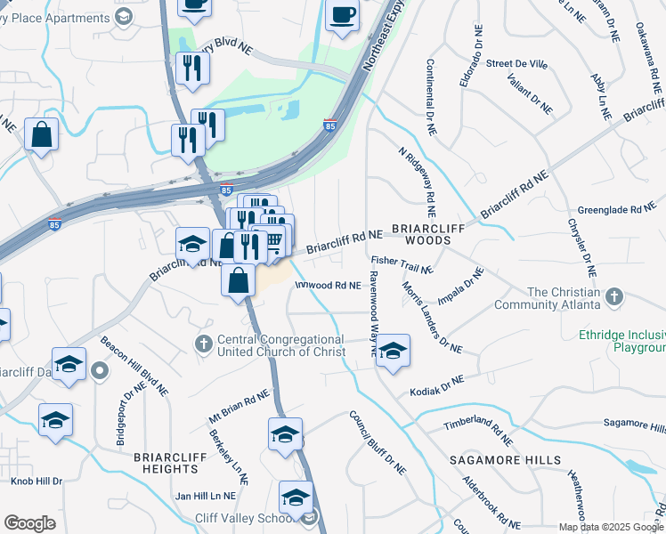 map of restaurants, bars, coffee shops, grocery stores, and more near 1848 Terrewood Drive in Atlanta