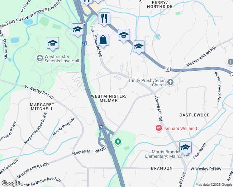 map of restaurants, bars, coffee shops, grocery stores, and more near 2992 Westminster Circle Northwest in Atlanta