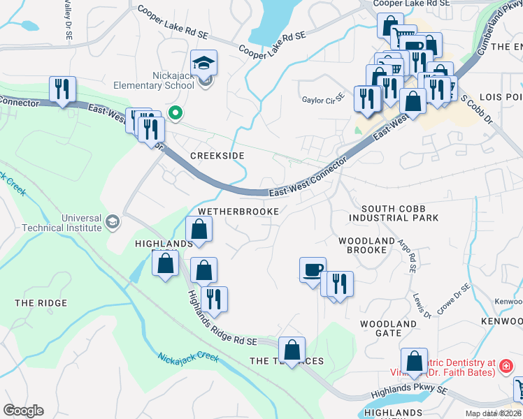 map of restaurants, bars, coffee shops, grocery stores, and more near 115 Wetherbrooke Lane Southeast in Smyrna